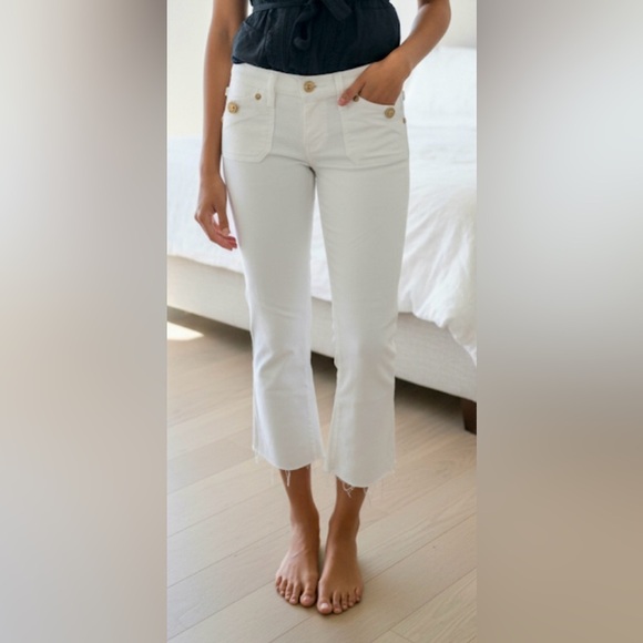 ROCK & REPUBLIC White Kiss Boot Cut Crop Raw Edge Hem Gold Buttons Jeans 28 - Picture 1 of 11